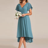 Pleated Wrap Midi Dress with Flutter Sleeves and Asymmetric Hem