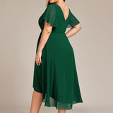 Pleated Wrap Midi Dress with Flutter Sleeves and Asymmetric Hem