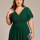Pleated Wrap Midi Dress with Flutter Sleeves and Asymmetric Hem