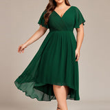 Pleated Wrap Midi Dress with Flutter Sleeves and Asymmetric Hem