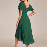 Pleated Wrap Midi Dress with Flutter Sleeves and Asymmetric Hem