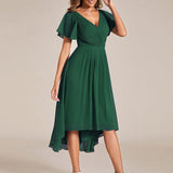 Pleated Wrap Midi Dress with Flutter Sleeves and Asymmetric Hem