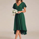 Pleated Wrap Midi Dress with Flutter Sleeves and Asymmetric Hem