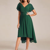 Pleated Wrap Midi Dress with Flutter Sleeves and Asymmetric Hem