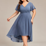 Pleated Wrap Midi Dress with Flutter Sleeves and Asymmetric Hem