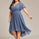 Pleated Wrap Midi Dress with Flutter Sleeves and Asymmetric Hem