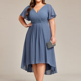 Pleated Wrap Midi Dress with Flutter Sleeves and Asymmetric Hem