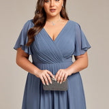 Pleated Wrap Midi Dress with Flutter Sleeves and Asymmetric Hem