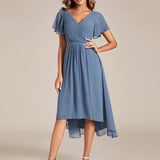 Pleated Wrap Midi Dress with Flutter Sleeves and Asymmetric Hem