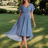 Pleated Wrap Midi Dress with Flutter Sleeves and Asymmetric Hem