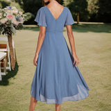 Pleated Wrap Midi Dress with Flutter Sleeves and Asymmetric Hem