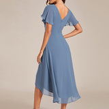 Pleated Wrap Midi Dress with Flutter Sleeves and Asymmetric Hem