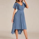 Pleated Wrap Midi Dress with Flutter Sleeves and Asymmetric Hem