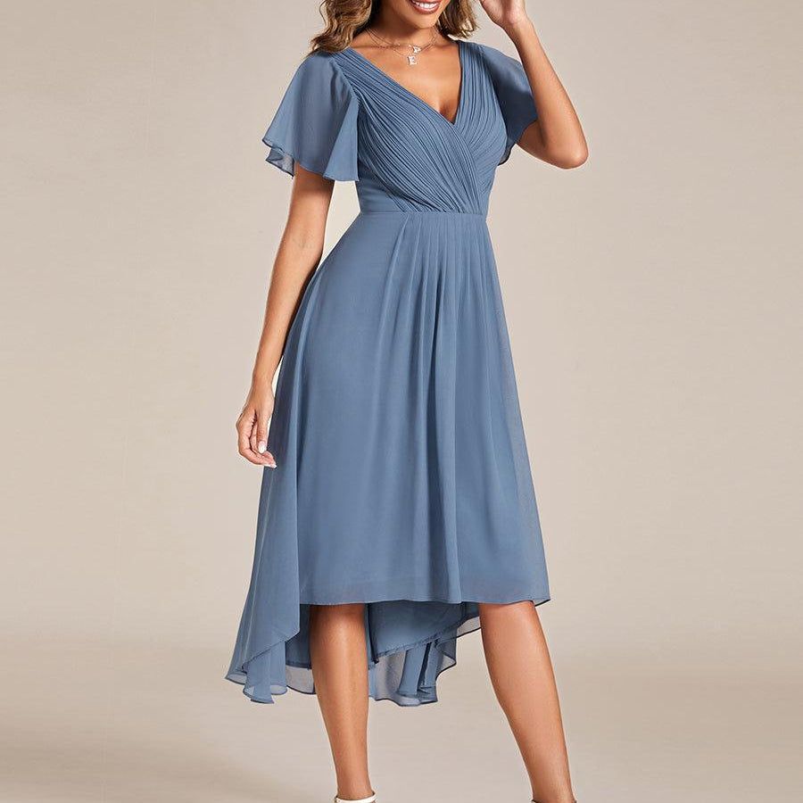 Pleated Wrap Midi Dress with Flutter Sleeves and Asymmetric Hem