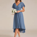 Pleated Wrap Midi Dress with Flutter Sleeves and Asymmetric Hem