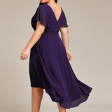 Pleated Wrap Midi Dress with Flutter Sleeves and Asymmetric Hem