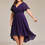 Pleated Wrap Midi Dress with Flutter Sleeves and Asymmetric Hem