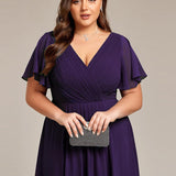 Pleated Wrap Midi Dress with Flutter Sleeves and Asymmetric Hem