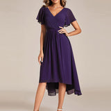 Pleated Wrap Midi Dress with Flutter Sleeves and Asymmetric Hem
