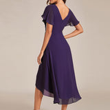 Pleated Wrap Midi Dress with Flutter Sleeves and Asymmetric Hem