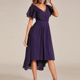 Pleated Wrap Midi Dress with Flutter Sleeves and Asymmetric Hem