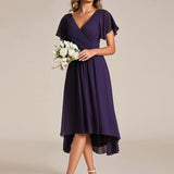 Pleated Wrap Midi Dress with Flutter Sleeves and Asymmetric Hem
