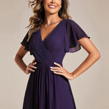 Pleated Wrap Midi Dress with Flutter Sleeves and Asymmetric Hem