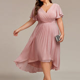 Pleated Wrap Midi Dress with Flutter Sleeves and Asymmetric Hem