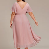 Pleated Wrap Midi Dress with Flutter Sleeves and Asymmetric Hem