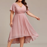 Pleated Wrap Midi Dress with Flutter Sleeves and Asymmetric Hem