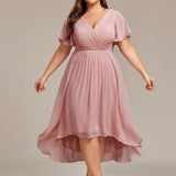 Pleated Wrap Midi Dress with Flutter Sleeves and Asymmetric Hem