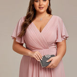 Pleated Wrap Midi Dress with Flutter Sleeves and Asymmetric Hem
