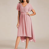 Pleated Wrap Midi Dress with Flutter Sleeves and Asymmetric Hem