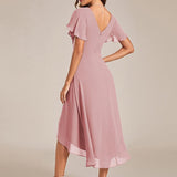 Pleated Wrap Midi Dress with Flutter Sleeves and Asymmetric Hem