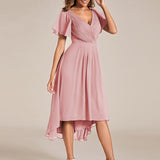 Pleated Wrap Midi Dress with Flutter Sleeves and Asymmetric Hem