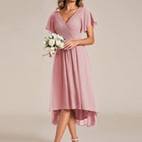 Pleated Wrap Midi Dress with Flutter Sleeves and Asymmetric Hem