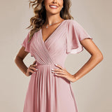 Pleated Wrap Midi Dress with Flutter Sleeves and Asymmetric Hem