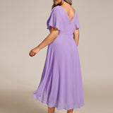 Pleated Wrap Midi Dress with Flutter Sleeves and Asymmetric Hem
