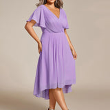 Pleated Wrap Midi Dress with Flutter Sleeves and Asymmetric Hem