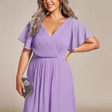 Pleated Wrap Midi Dress with Flutter Sleeves and Asymmetric Hem