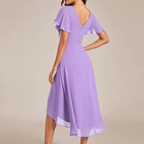 Pleated Wrap Midi Dress with Flutter Sleeves and Asymmetric Hem