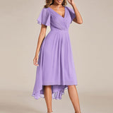 Pleated Wrap Midi Dress with Flutter Sleeves and Asymmetric Hem