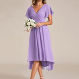 Pleated Wrap Midi Dress with Flutter Sleeves and Asymmetric Hem