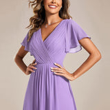 Pleated Wrap Midi Dress with Flutter Sleeves and Asymmetric Hem