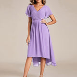 Pleated Wrap Midi Dress with Flutter Sleeves and Asymmetric Hem