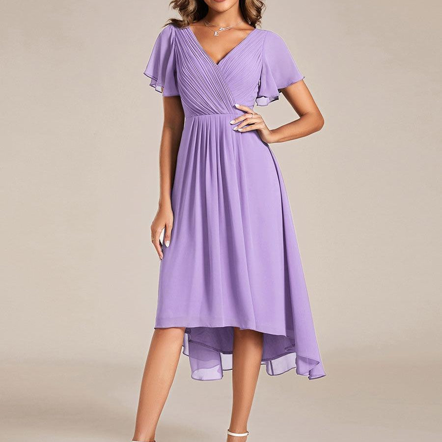 Pleated Wrap Midi Dress with Flutter Sleeves and Asymmetric Hem