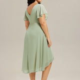Pleated Wrap Midi Dress with Flutter Sleeves and Asymmetric Hem