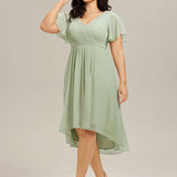 Pleated Wrap Midi Dress with Flutter Sleeves and Asymmetric Hem