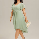 Pleated Wrap Midi Dress with Flutter Sleeves and Asymmetric Hem