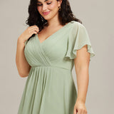 Pleated Wrap Midi Dress with Flutter Sleeves and Asymmetric Hem